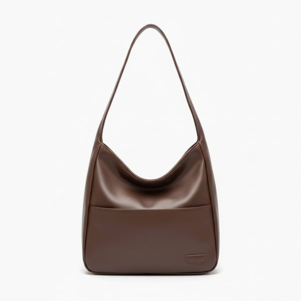 Front view of Seliora vegan leather shoulder bag in coffee color with minimalist design and front pocket