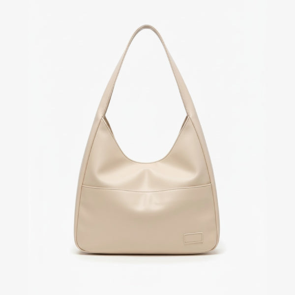 Front view of Seliora vegan leather shoulder bag in off-white color with sleek design and front pocket