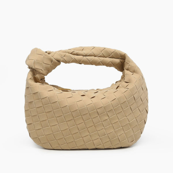 Seraphine Vegan Leather Hobo Bag in apricot, front view showing compact hobo silhouette with woven design and knotted top handle
