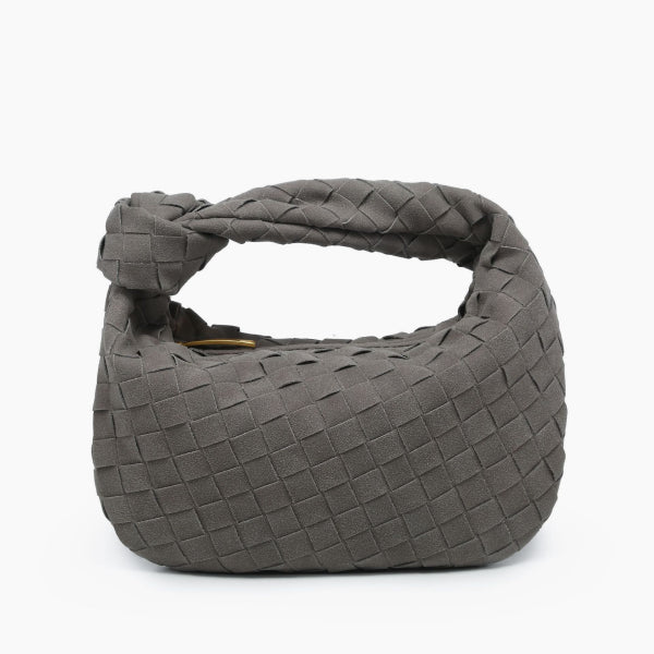 Seraphine Vegan Leather Hobo Bag in gray, front view showing compact mini hobo silhouette with woven design and knotted top handle