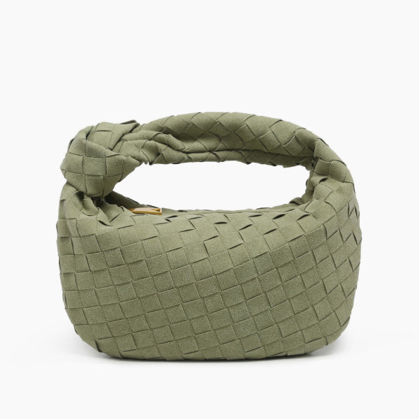 Seraphine Vegan Leather Hobo Bag in green, front view of compact mini hobo silhouette featuring basketweave and knotted handle