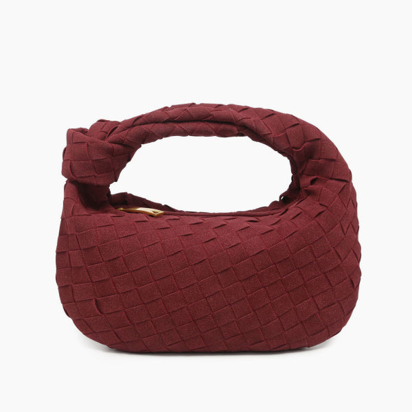Seraphine Vegan Leather Hobo Bag in wine red, front view showing compact mini hobo silhouette with basketweave and knotted handle