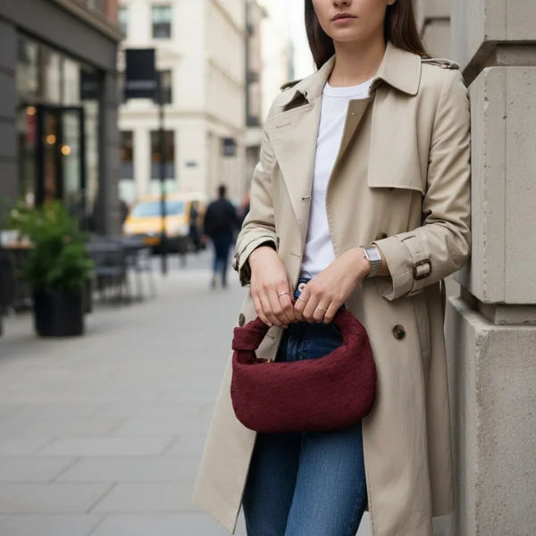 Seraphine Vegan Leather Hobo Bag in wine red, street style shot with model in trench coat showcasing the mini woven hobo