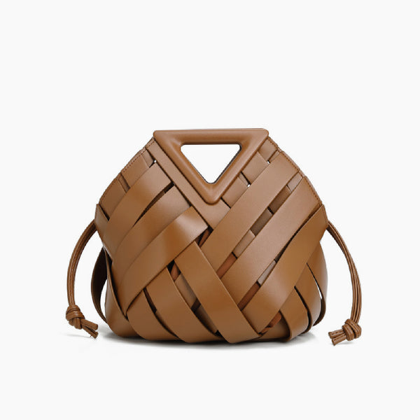 Seren Vegan Leather Bucket Bag in brown, front studio view showing sculptural woven body with drawstring sides and triangle handle