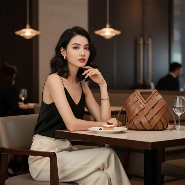Seren Vegan Leather Bucket Bag in brown, lifestyle dining shot with model showing statement silhouette and medium size