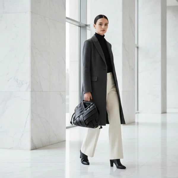 Seren Vegan Leather Bucket Bag in black, lifestyle walking shot with model hand-carrying to show bold size and modern silhouette