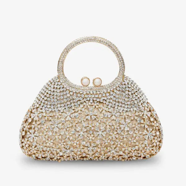 Front view of serenna rhinestone evening bag with gold and clear rhinestone detailing and pearl clasp