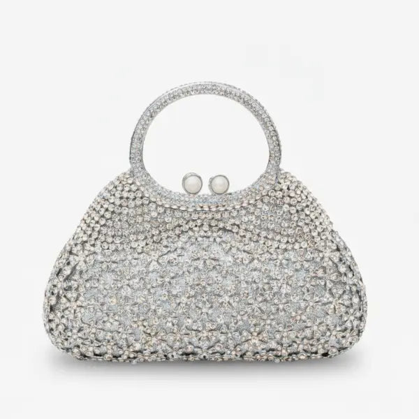 Front view of serenna rhinestone evening bag in silver with detailed rhinestone embellishments and pearl clasp