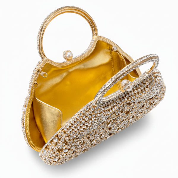 Interior view of serenna rhinestone evening bag with gold lining and storage pocket