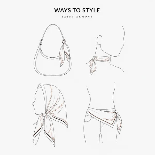 Illustrations of a handbag and two ways to style a scarf with 'Ways to Style' text above.