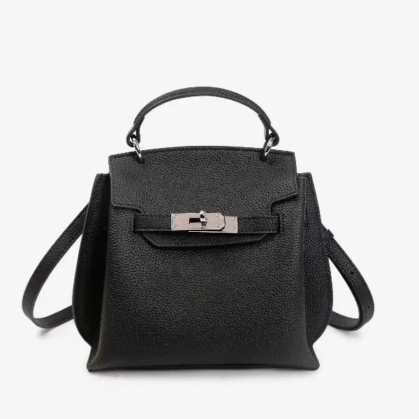 Front view of the black genuine leather satchel bag with silver metal details, offering a compact and stylish design perfect for daily use