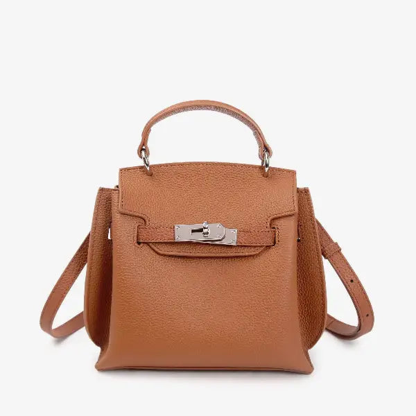 Front view of the brown genuine leather satchel bag with silver metal hardware, offering a compact and stylish design for everyday use