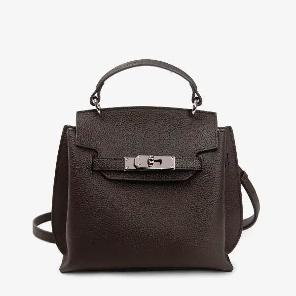 Front view of the coffee brown genuine leather satchel bag with silver hardware, designed for both elegance and functionality