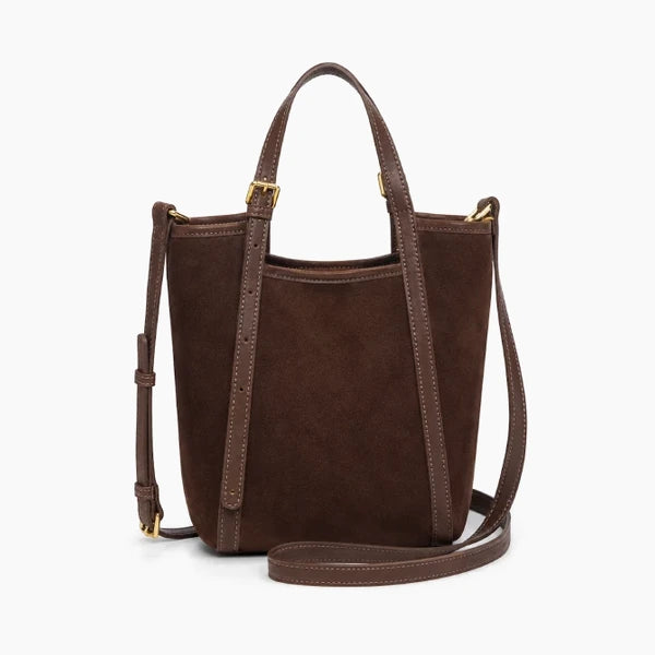 Solévia Genuine Leather Satchel Bag in brown, front view with matching brown leather trim, dual top handles