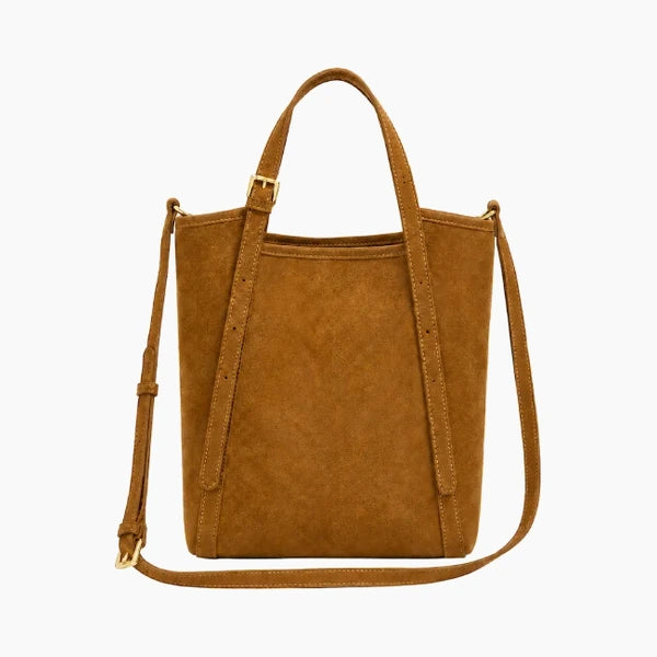 Solévia Genuine Leather Satchel Bag in caramel, front view with dual top handles and a detachable shoulder strap