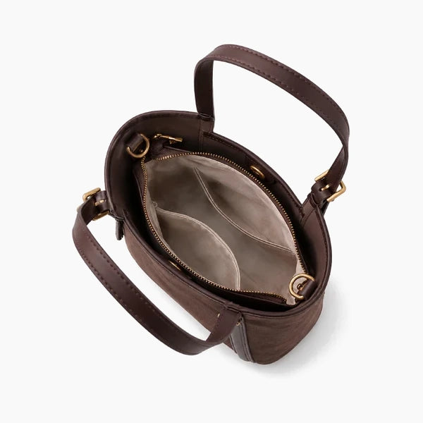 Solévia Genuine Leather Satchel Bag in brown, interior view with two zip compartments and gold-tone hardware.