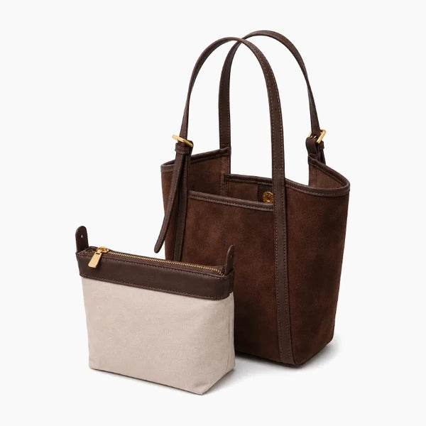 Solévia Genuine Leather Satchel Bag in brown, detachable inner pouch with matching dark brown leather handles and trim