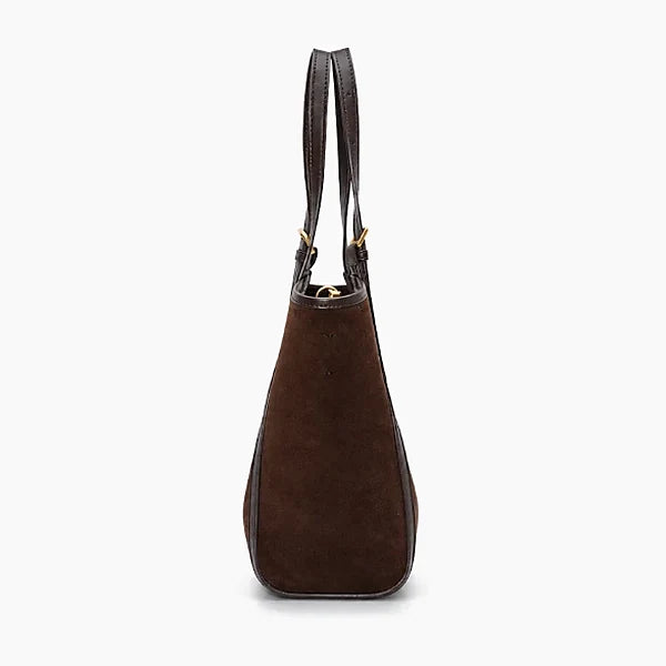 Solévia Genuine Leather Satchel Bag in dark brown, side view with dark brown leather trim and gold-tone hardware