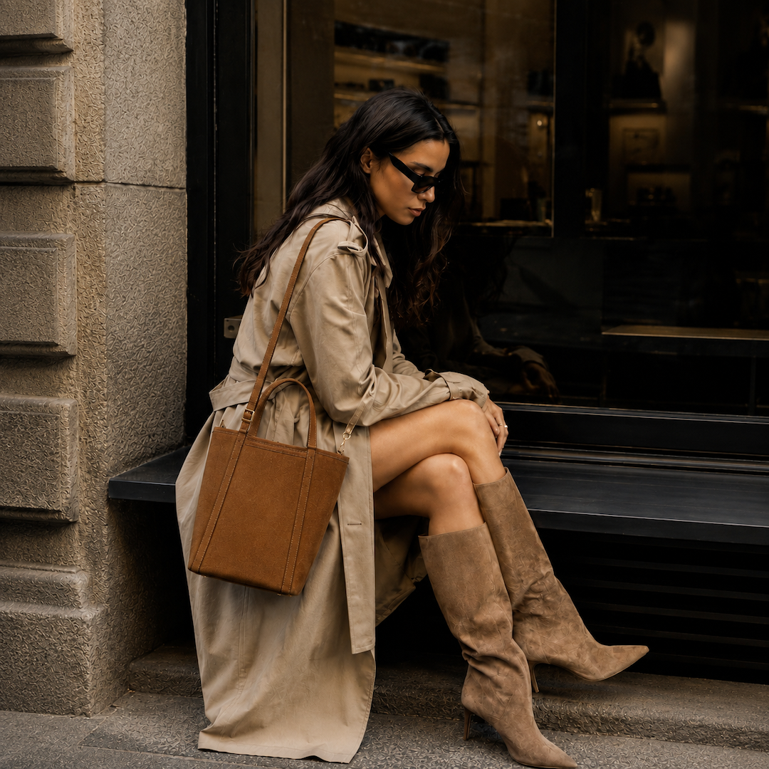 A woman sits on a storefront step wearing a beige trench coat and tall taupe suede over-the-knee boots, carrying a structured brown leather tote bag.