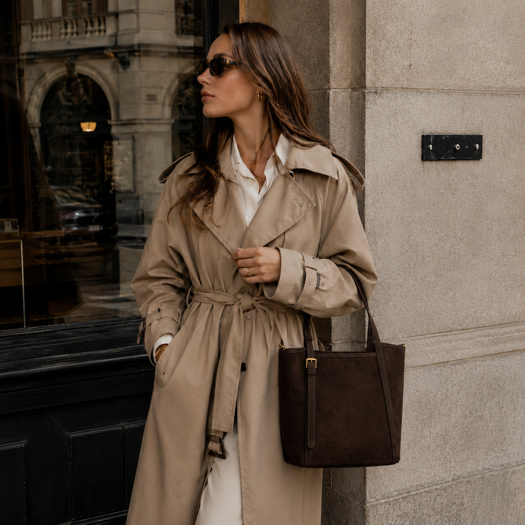 A woman wearing a beige trench coat and white shirt stands against a stone building wall, carrying a dark brown structured tote bag.