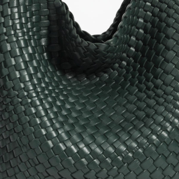 Soraya Vegan Leather Hobo Bag in dark green, close-up of glossy woven texture showing premium basketweave detail