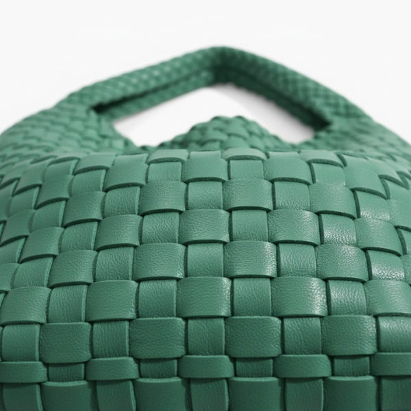 Soraya Vegan Leather Hobo Bag in green, close-up of glossy woven texture showing premium basketweave detail