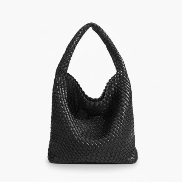 Soraya Vegan Leather Hobo Bag in black, front view of oversized slouchy hobo silhouette with single shoulder strap and deep drop