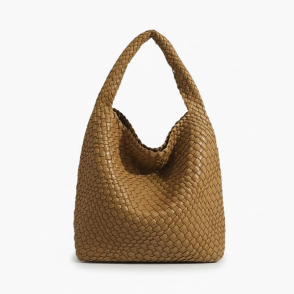 Soraya Vegan Leather Hobo Bag in brown, front view of oversized slouchy woven shoulder hobo with deep drop