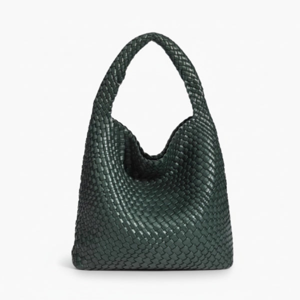Soraya Vegan Leather Hobo Bag in dark green, front view of oversized slouchy woven shoulder hobo with deep drop