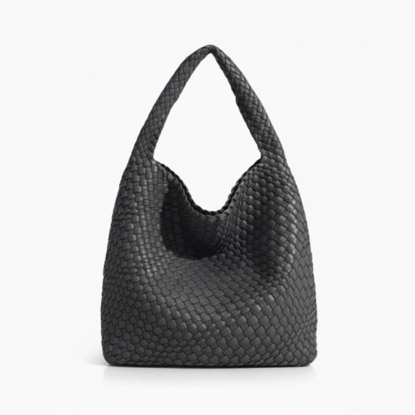 Soraya Vegan Leather Hobo Bag in dark grey, front view of oversized slouchy woven shoulder hobo with deep drop