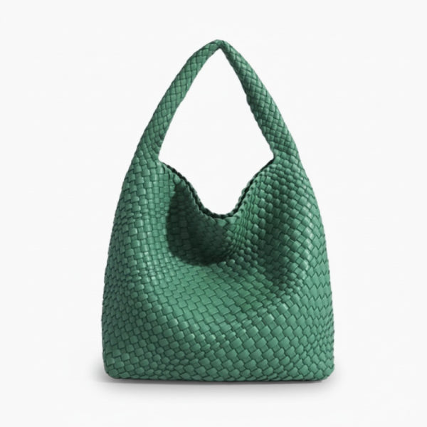 Soraya Vegan Leather Hobo Bag in green, front view of oversized slouchy woven shoulder hobo with deep drop