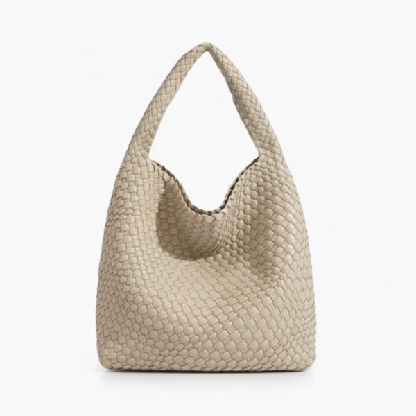 Soraya Vegan Leather Hobo Bag in off-white, front view of oversized slouchy woven hobo with single shoulder strap and deep drop