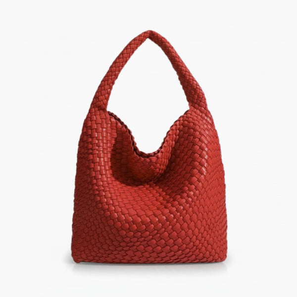 Soraya Vegan Leather Hobo Bag in olive red, front view of oversized slouchy woven shoulder hobo with deep drop