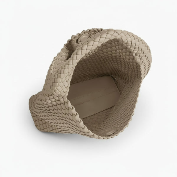 Soraya Vegan Leather Hobo Bag in off-white, top view of spacious interior and open bucket shape with woven handle