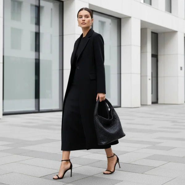 Soraya Vegan Leather Hobo Bag in black, full-body city scene highlighting large woven shoulder hobo for work to weekend