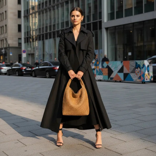 Soraya Vegan Leather Hobo Bag in brown, full-body city scene highlighting roomy woven shoulder bag for work to weekend