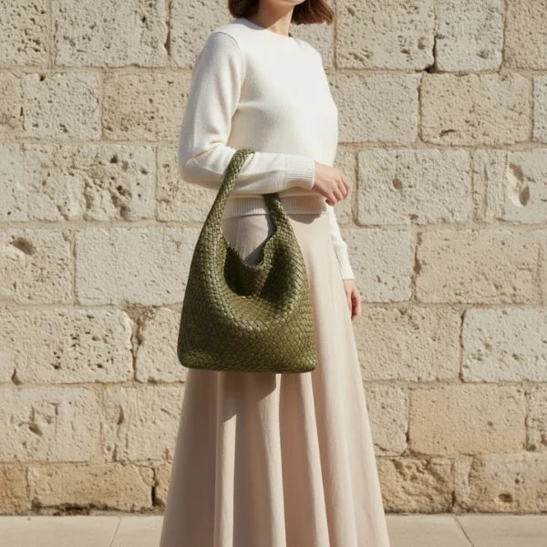Soraya Vegan Leather Hobo Bag in olive green, lifestyle shot with model highlighting large woven hobo for chic everyday style