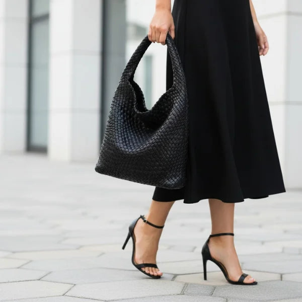 Soraya Vegan Leather Hobo Bag in black, street-style shot with model in heels carrying oversized woven hobo for evening elegance