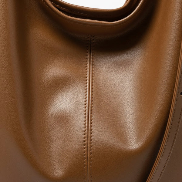 Sorella Vegan Leather Hobo Bag in brown, close-up of smooth vegan leather with soft draped silhouette and center seam