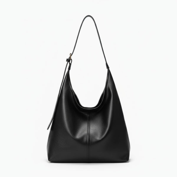 Sorella Vegan Leather Hobo Bag in black, front view of sleek minimalist hobo with adjustable shoulder strap
