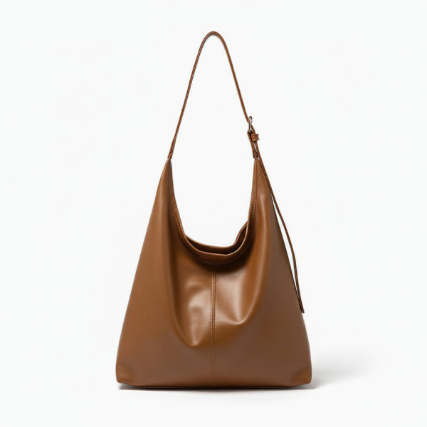 Sorella Vegan Leather Hobo Bag in brown, front view of sleek minimalist hobo with adjustable shoulder strap