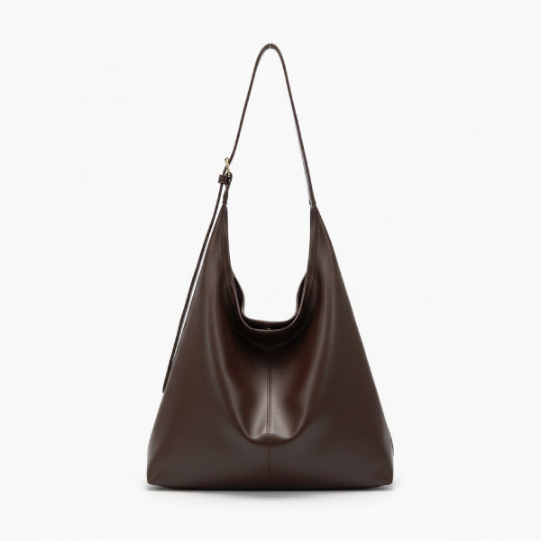 Sorella Vegan Leather Hobo Bag in coffee, front view of sleek minimalist hobo with adjustable shoulder strap