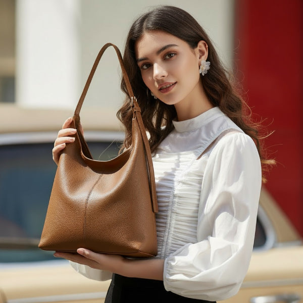 Sorella Vegan Leather Hobo Bag in brown, lifestyle image with model holding the shoulder hobo for modern everyday style