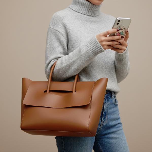 Model holding the Sylvene vegan leather tote bag in caramel color while checking their phone, dressed in a cozy gray sweater and jeans