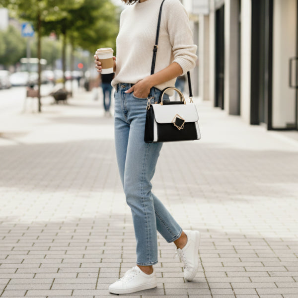 Model wearing a beige sweater and jeans, carrying a black and white vegan leather satchel bag with a geometric clasp for a chic, casual look