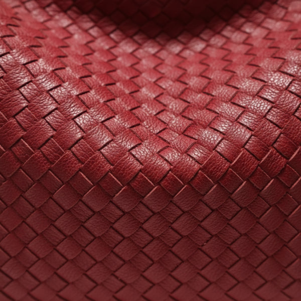 Close-up of red woven vegan leather hobo bag showcasing the intricate weave pattern and smooth texture