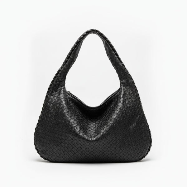 Valencia Vegan Leather Hobo Bag in black, front view of crescent hobo with woven texture and structured handle