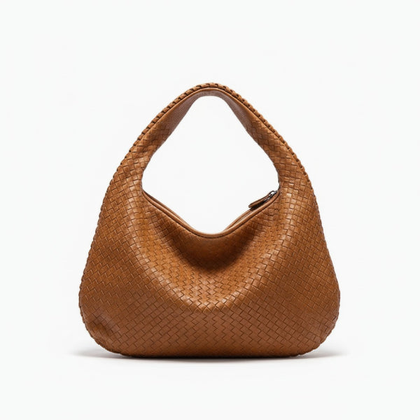 Valencia Vegan Leather Hobo Bag in brown, front view of crescent hobo with woven texture and structured handle