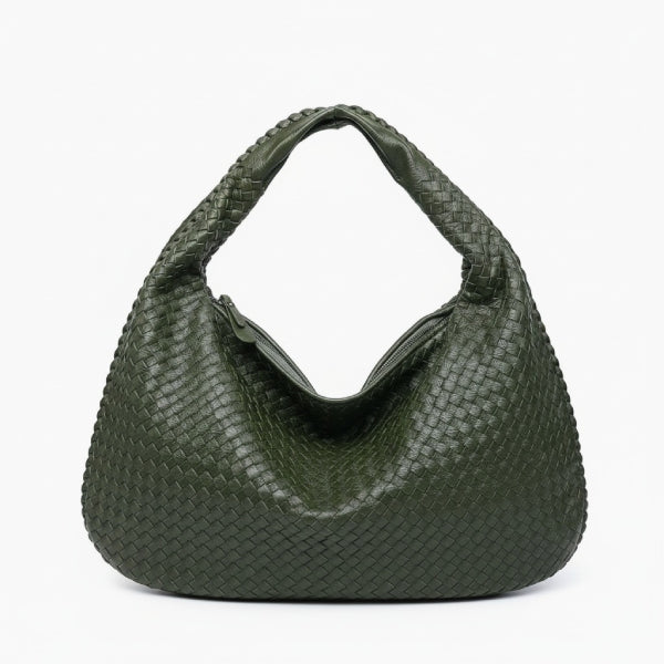 Front view of dark green woven vegan leather hobo bag with a spacious design, wide handle, and zipper opening
