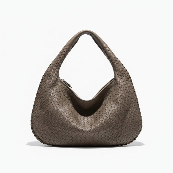 Front view of grey woven vegan leather hobo bag with zipper closure and wide handle